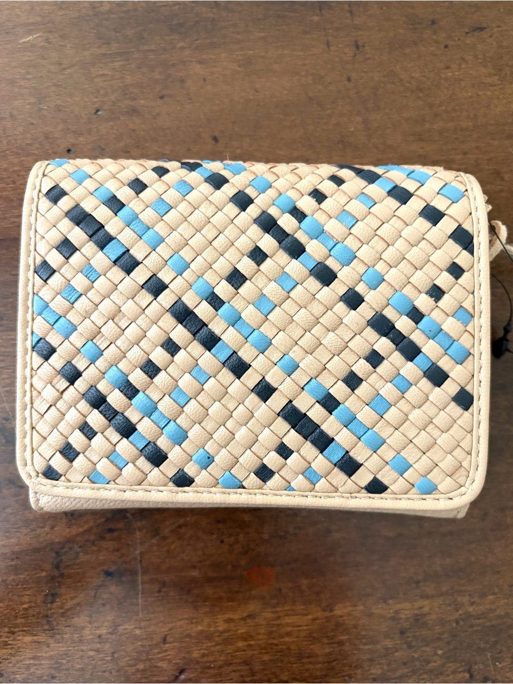 Valentina Woven Italian Leather Bifold Wallet, Tan, Blue & Black